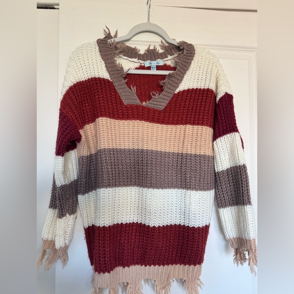 She + Sky Distressed Knit Striped Sweater One Size – Cozy Fall Boho